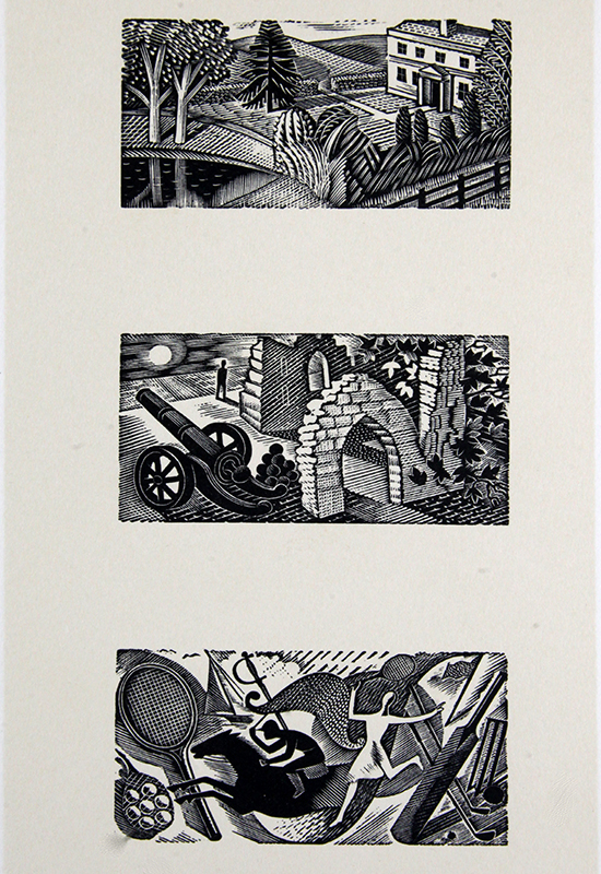 Eric Ravilious (1903-1942), three vignettes, Merivale editions, each vignette 1.5 x 3in., with original wrapper